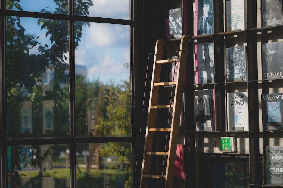 The image depicts an interior scene featuring a large black metal shelving unit filled with various magazines, books, and printed materials arranged vertically. The shelves are divided into multiple compartments, some of which hold magazines with visible titles and cover images, while others contain smaller books or pamphlets. Adjacent to the shelving unit, a wooden ladder with a natural finish leans against it, facilitating access to higher shelves. Behind the shelving, a large multi-pane window reveals an outdoor scene with trees, a paved walkway, and a partly cloudy sky, allowing natural light to illuminate the interior space. The overall environment suggests a professional or creative setting, such as a magazine editorial office or gallery, where materials may be easily accessed or displayed. The scene subtly relates to the theme of organised storage or disposal of printed waste, consistent with context of rubbish removal and alternative waste handling services offered by House Clearance Harringay.